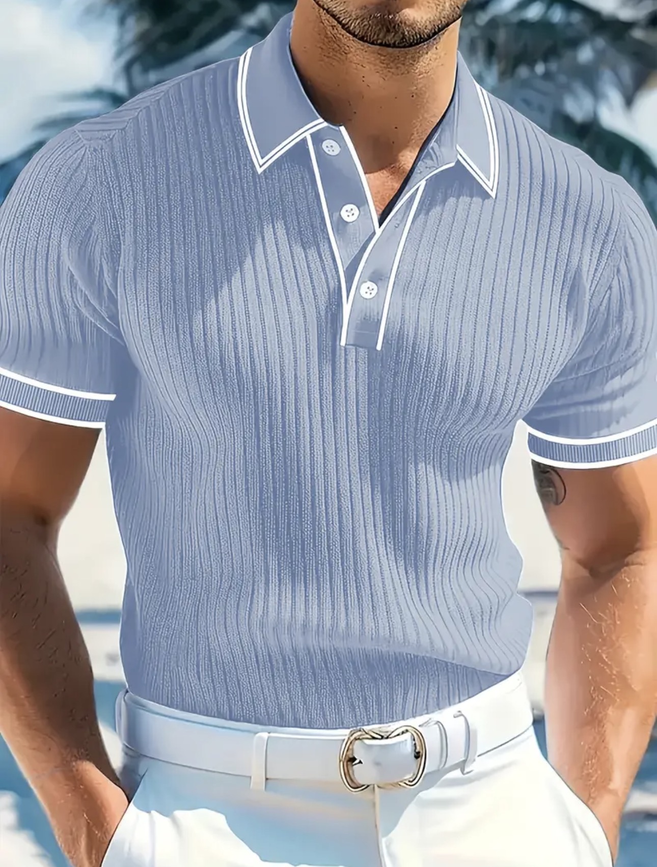 Shirt Sleeve Polo Shirt w/ Color Block Design