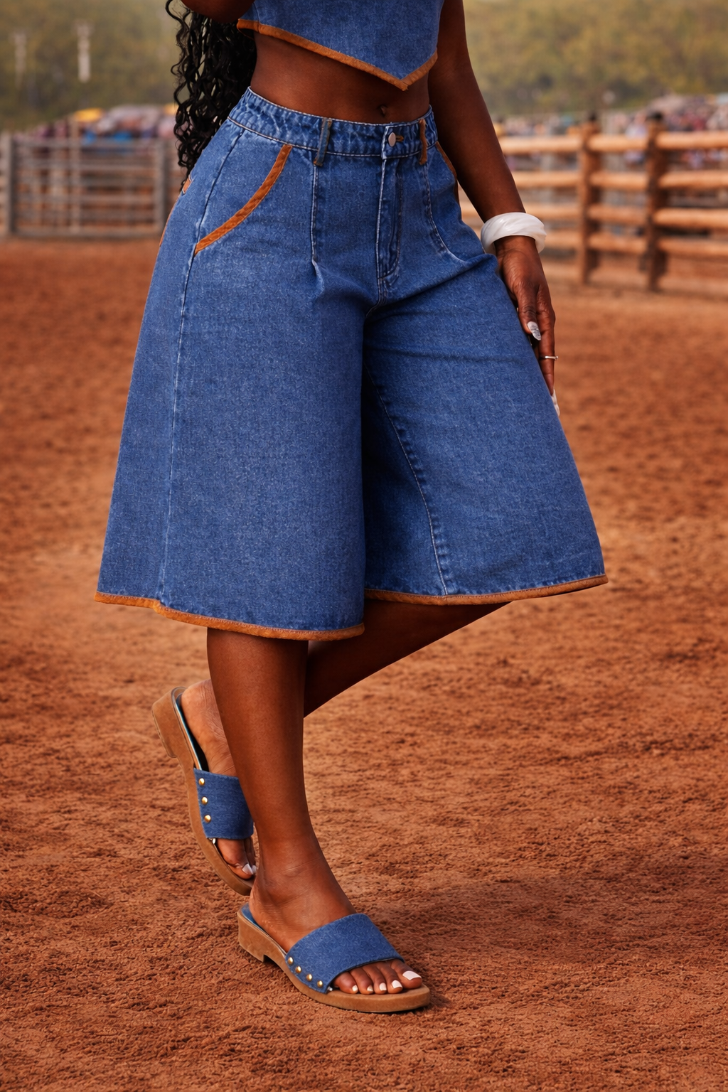 Denim Wide Leg Bermuda Shorts Accented w/Brown Trim - Image 6