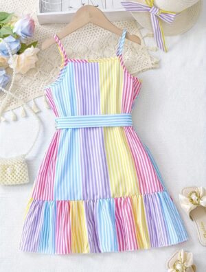 Girl's Bright Striped Summer Dress w/Ruffle