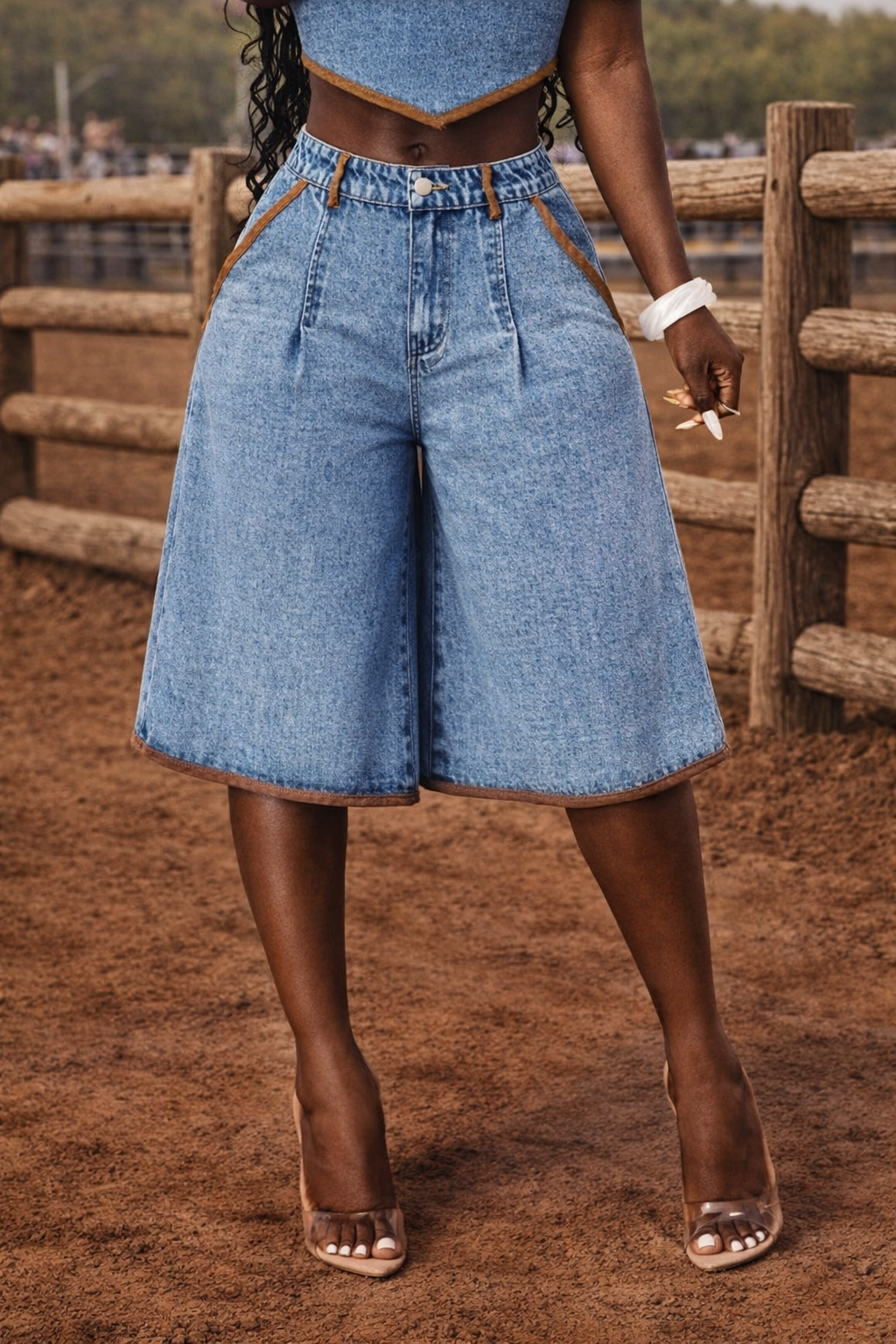 Denim Wide Leg Bermuda Shorts Accented w/Brown Trim - Image 5
