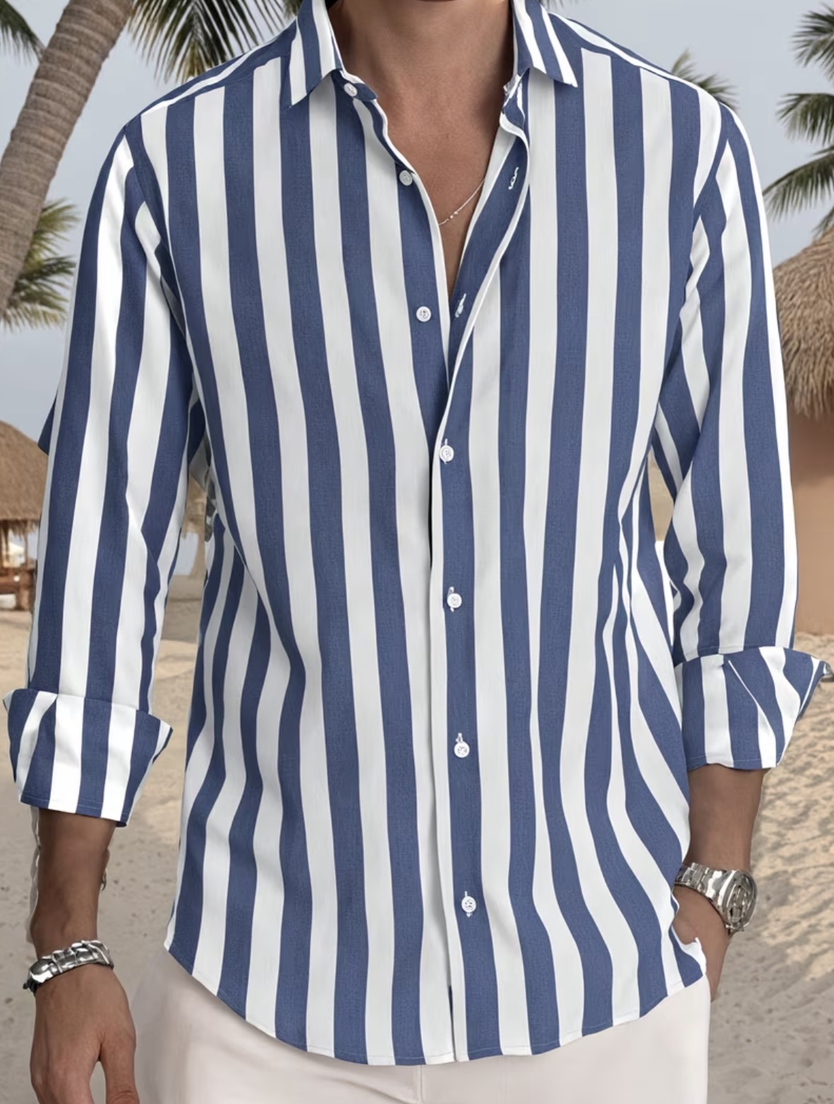 Men's Fashionable Striped Denim & White Shirt