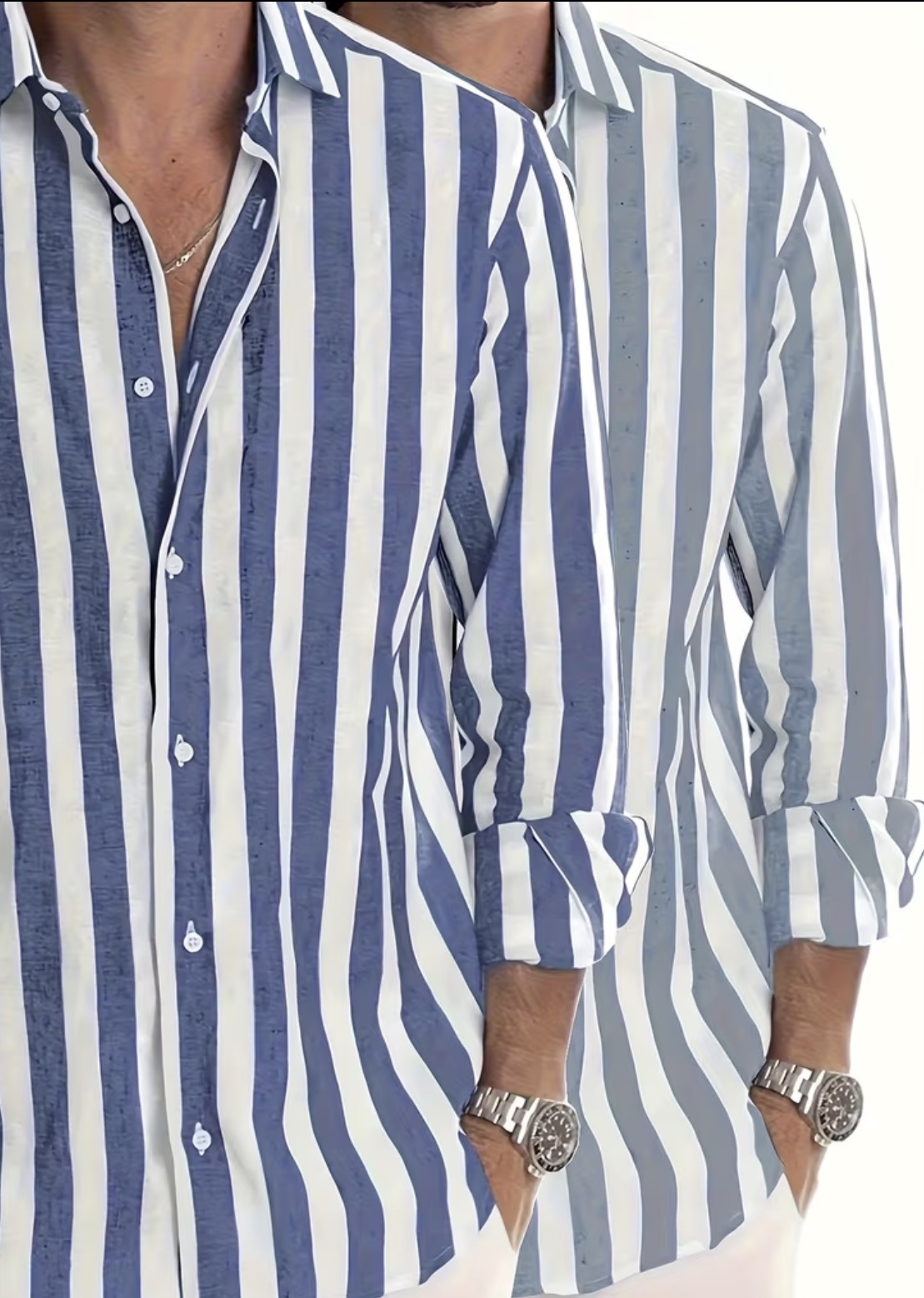 Men's Fashionable Striped Denim & White Shirt - Image 2