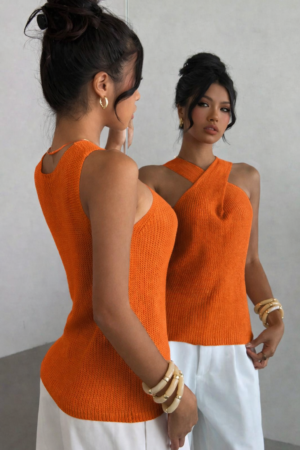 Criss-Cross Neckline Casual Knit Top