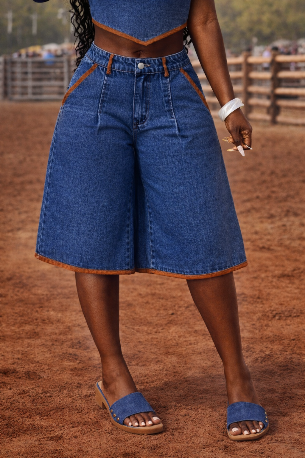 Denim Wide Leg Bermuda Shorts Accented w/Brown Trim - Image 4