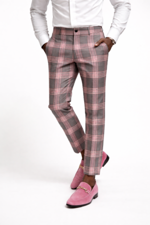 Men's Gray & Pink Checkered Print Pants