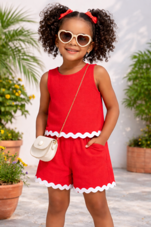 RED-dy But Where 2 Go Scalloped Hem Short Set