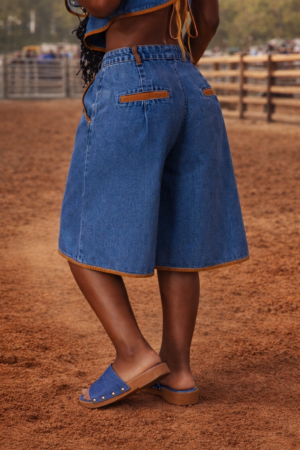 Denim Wide Leg Bermuda Shorts Accented w/Brown Trim