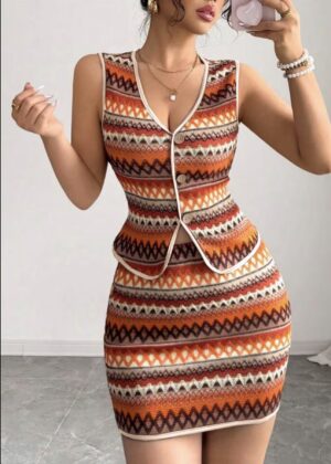 Vintage Distressed Geometric Striped Skirt & Vest