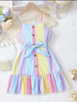 Girl's Bright Striped Summer Dress w/Ruffle