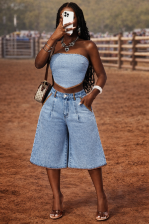 Denim Wide Leg Bermuda Shorts Accented w/Brown Trim