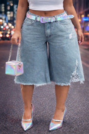 Distressed Oversized Denim Capri Shorts