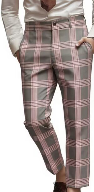 Men's Gray & Pink Checkered Print Pants