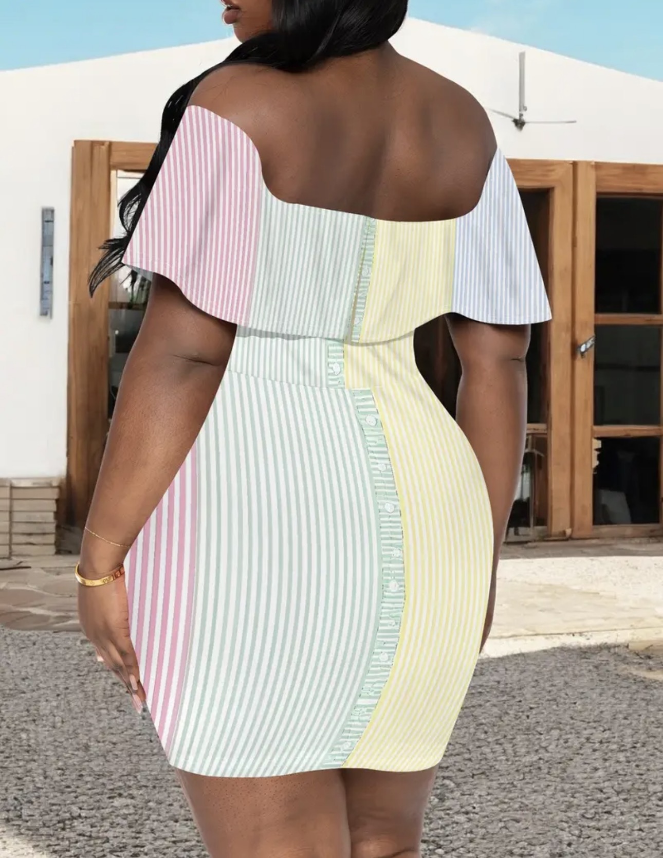 Off The Shoulder Bright Striped Dress w/ Ruffle Trim Top - Image 2