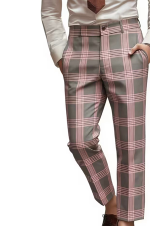 Men's Gray & Pink Checkered Print Pants
