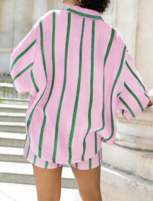 Casual Loose Fit Striped Shirt w/ Matching Shorts