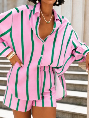 Casual Loose Fit Striped Shirt w/ Matching Shorts